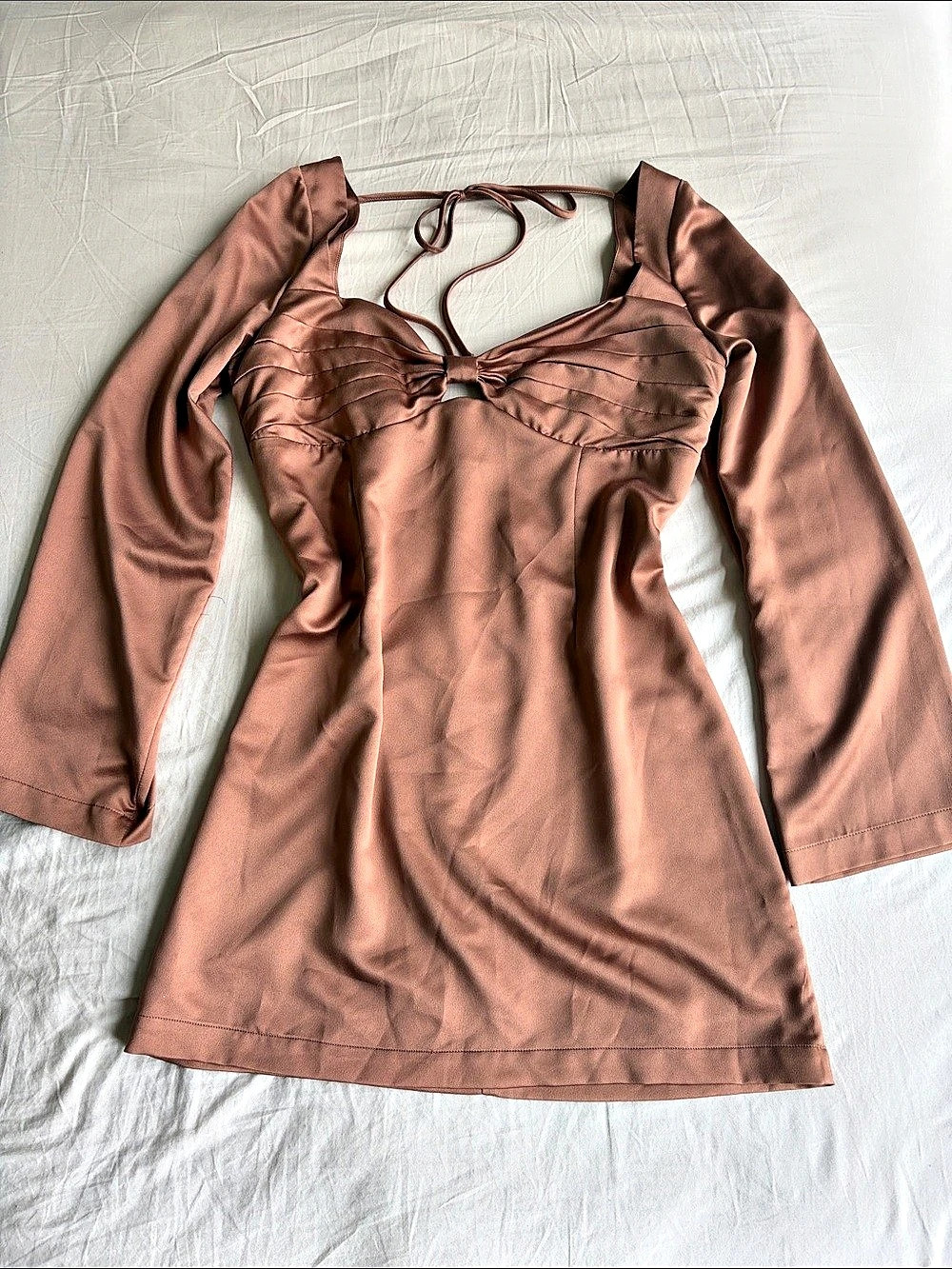 Dynamite Satin longe Sleeve Mini Dress with Tie Back Detail